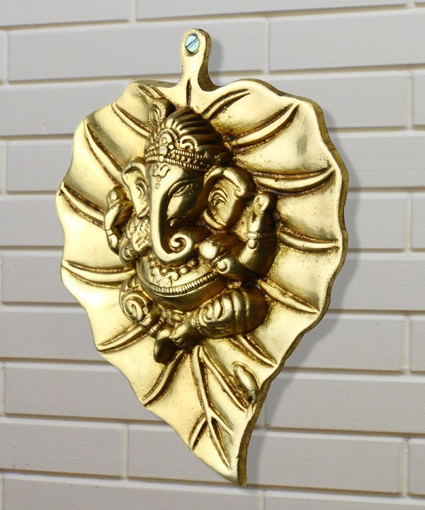 Brass hindu god lord ganesha on leaf removable wall hanging décor art 9"