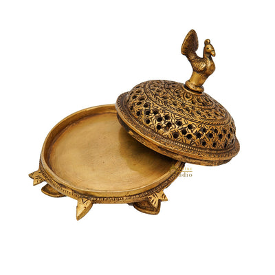 Brass Antique Peacock Dhoop Dani Loban Burner For Pooja Room Décor Gift