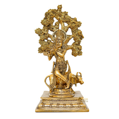 Brass Krishna Idol With Cow Standing Under Tree Decor Showpiece Statue 17"