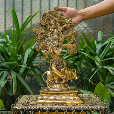 Brass Krishna Idol With Cow Standing Under Tree Decor Showpiece Statue 17"