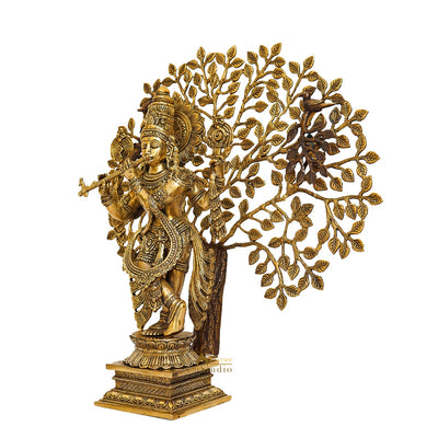 Brass Standing Krishna Idol With Tree Statue Decor Showpiece 22"