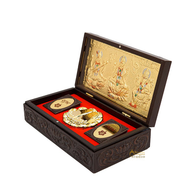 Ganesha Laxmi Saraswati Wooden Charan Paduka Diwali Pooja Gift Decor Box
