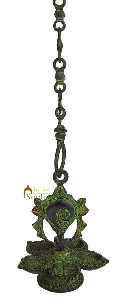 Vintage Antique Brass puja hindu temple hanging diya oil lamp statue 8"