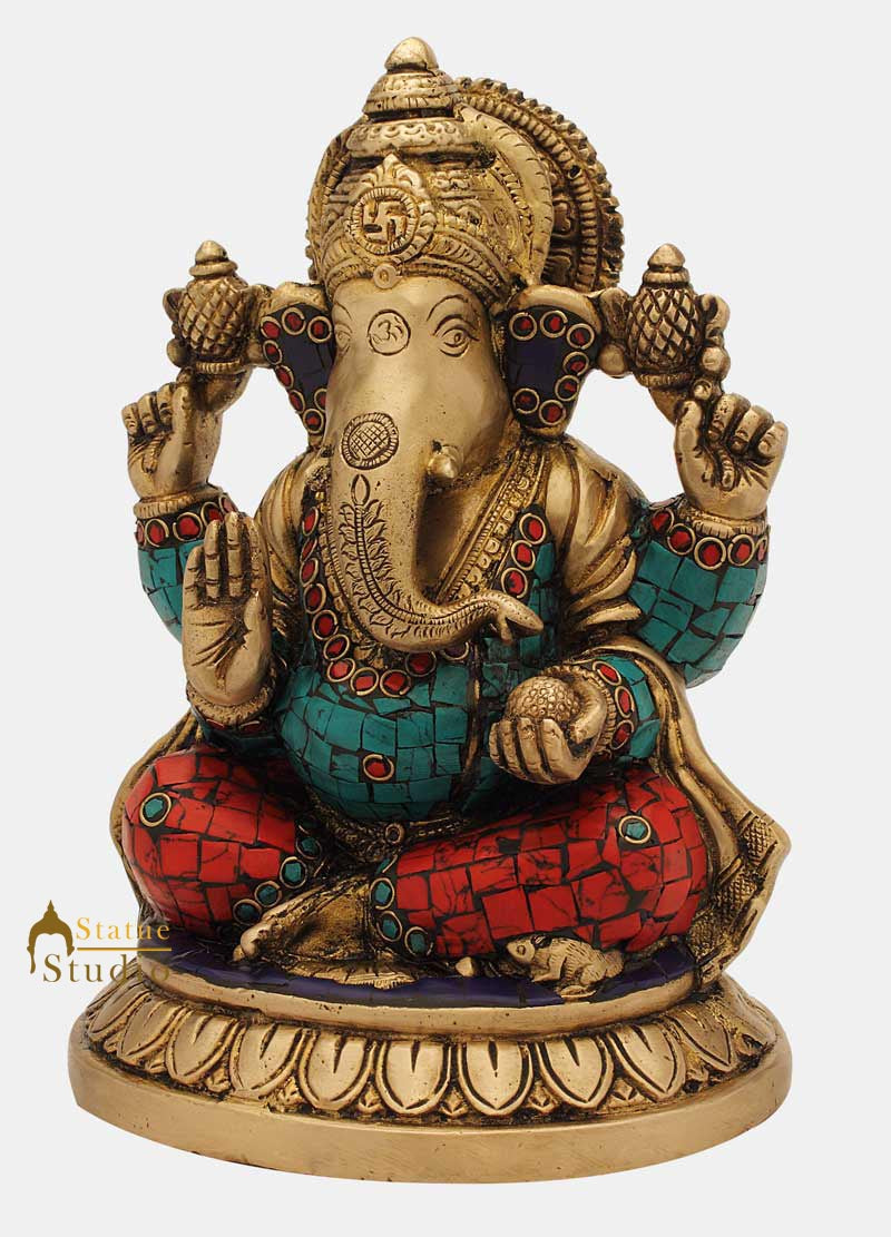 Brass ganesh elephant lord hindu gods nepal turquoise coral art religious art 8"