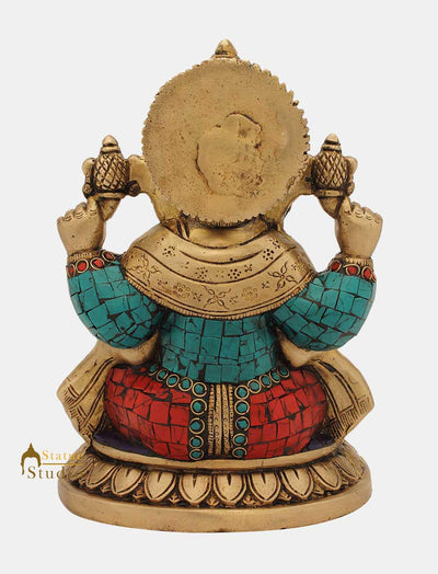 Brass ganesh elephant lord hindu gods nepal turquoise coral art religious art 8"