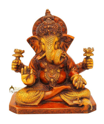 Brass elephant lord hindu god ganesha twisted trunk success religious décor 9"