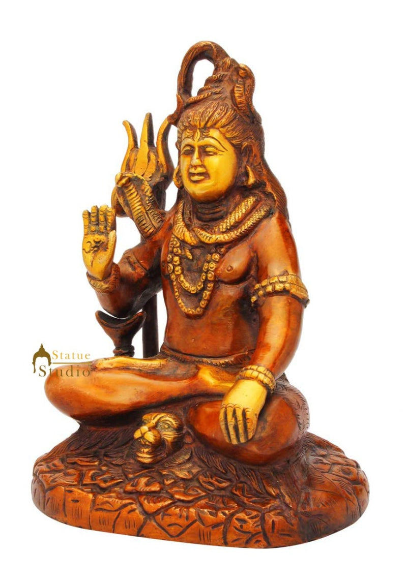 Brass hindu god lord shiva statue on lion antique religious sculpture figure 7"