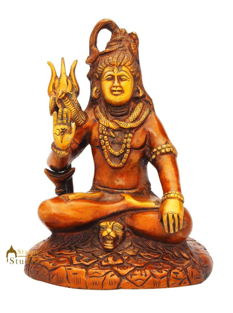 Brass hindu god lord shiva statue on lion antique religious sculpture figure 7"