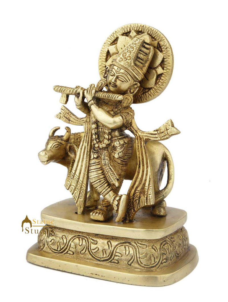 Hindu Gods lord Krishna standing with Cow statue pooja religious décor 7"