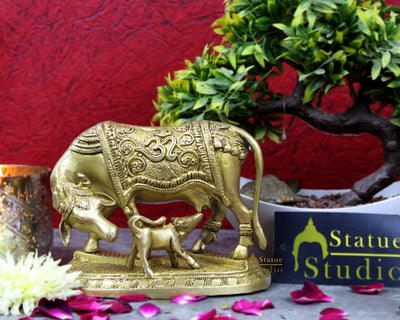Brass india hindu cow calf pair statue religious décor idol 6"