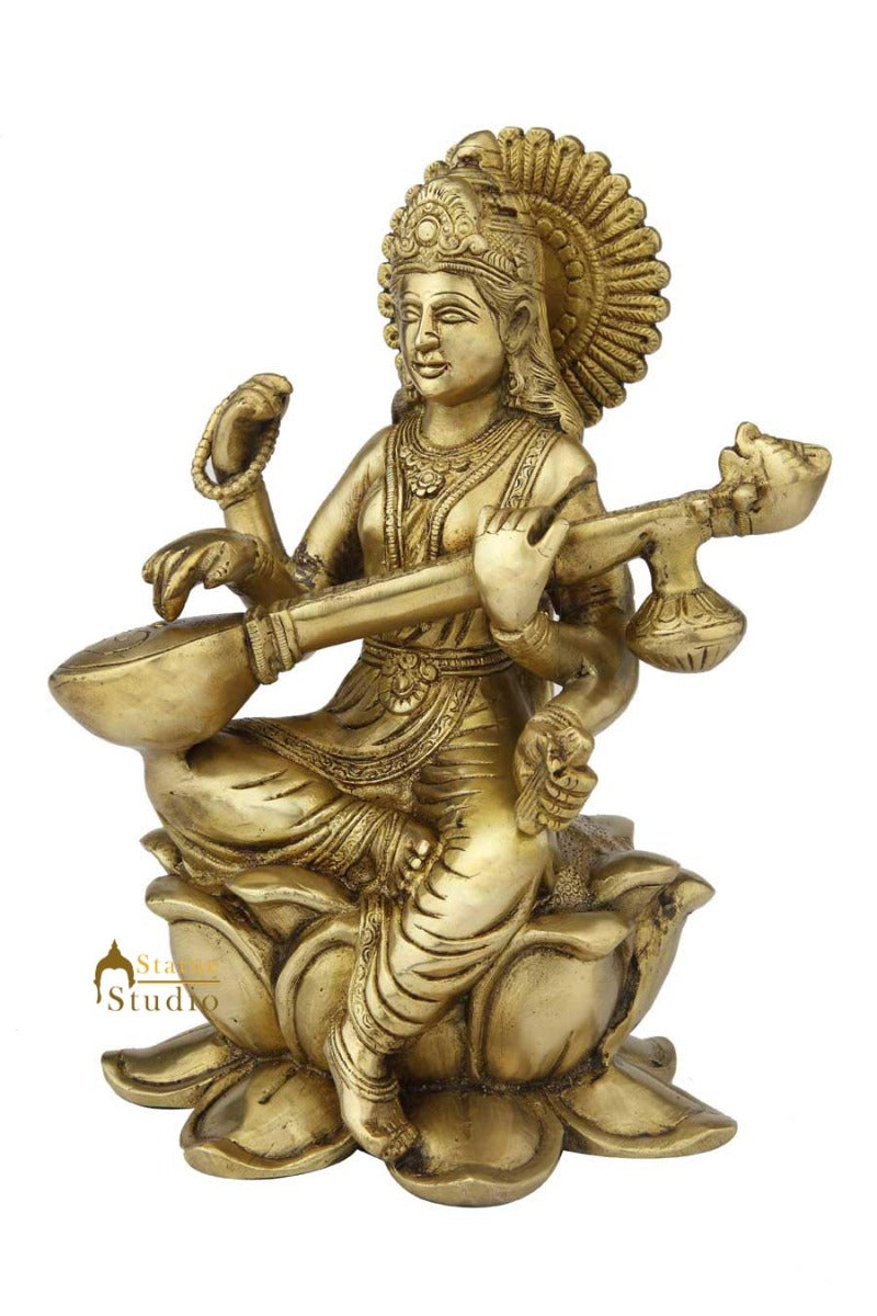 Brass india made hindu goddess of wisdom maa saraswati on lotus flower base 11"