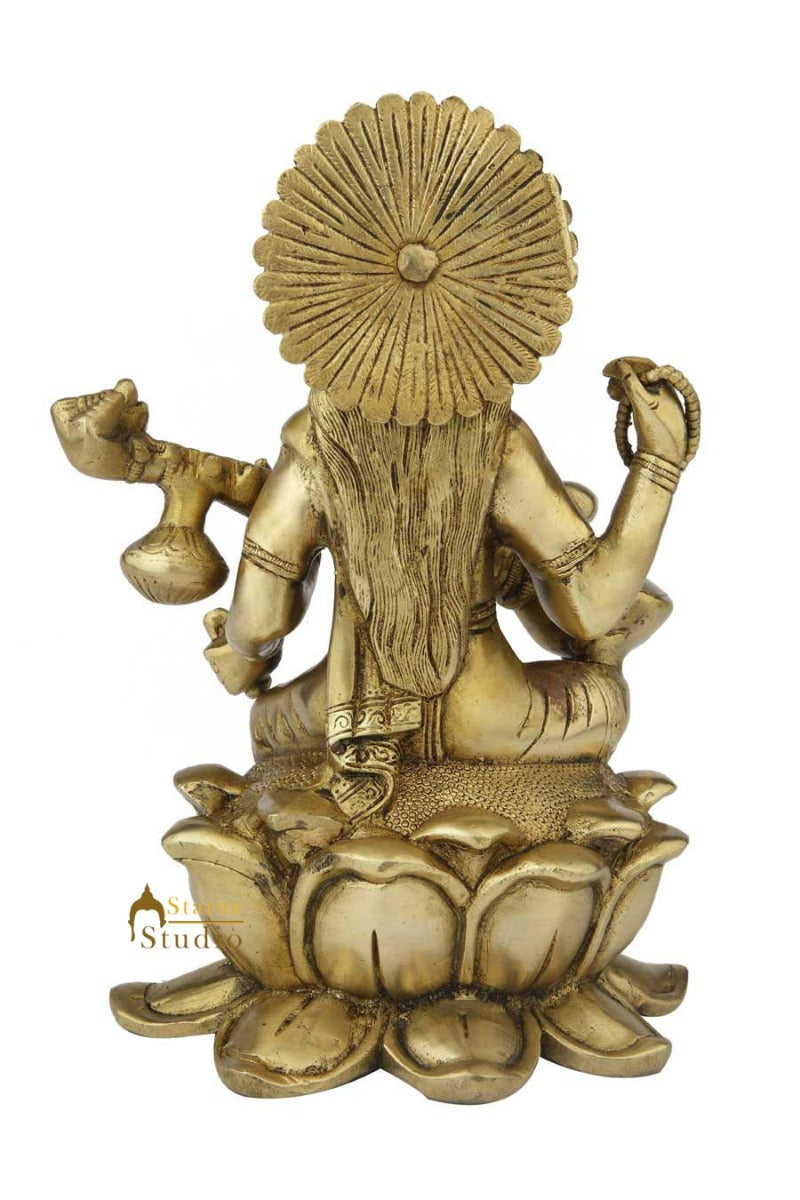 Brass india made hindu goddess of wisdom maa saraswati on lotus flower base 11"