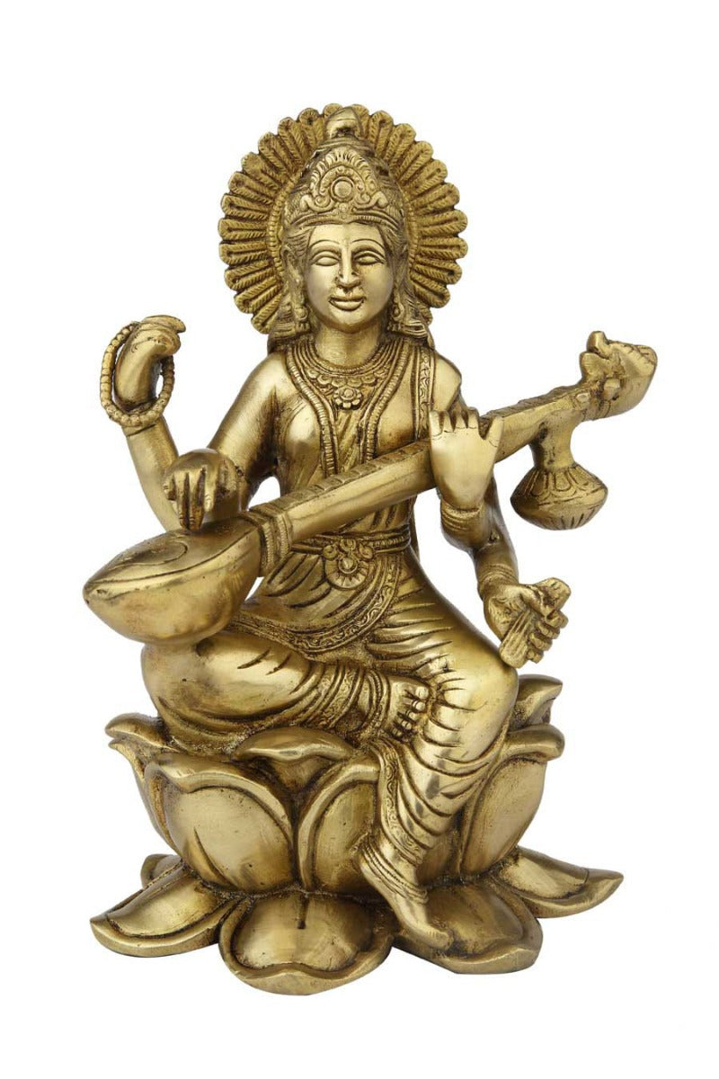 Brass india made hindu goddess of wisdom maa saraswati on lotus