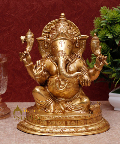 Brass elephant lord hindu gods ganesha sitting statue religious décor art 10"