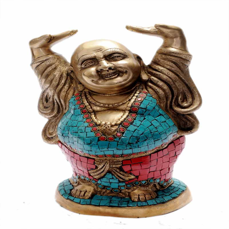 Brass Vintage Happy Smiling Laughing Buddha Statue Good Luck Charm 11 Inch