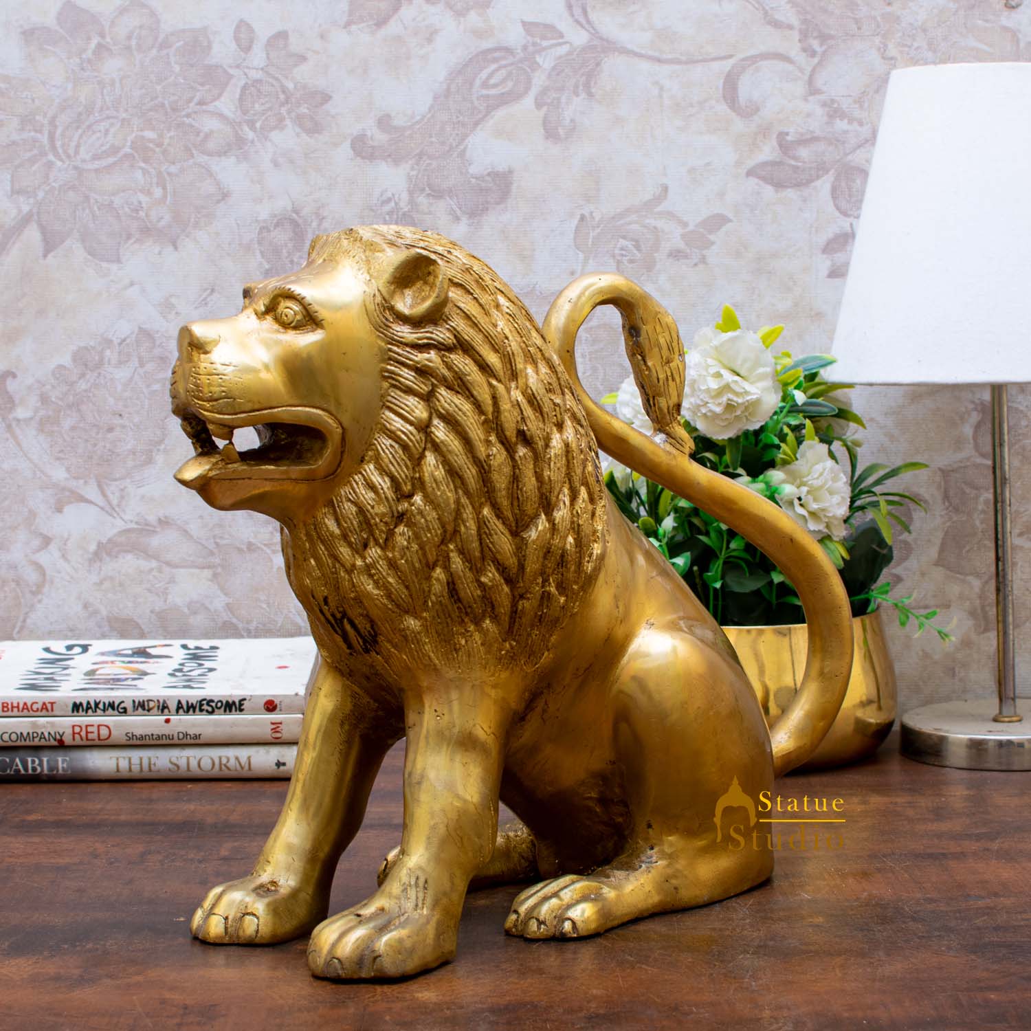Brass Lion Statue Figurine Home Decor Hand Carved Animal Sculpture