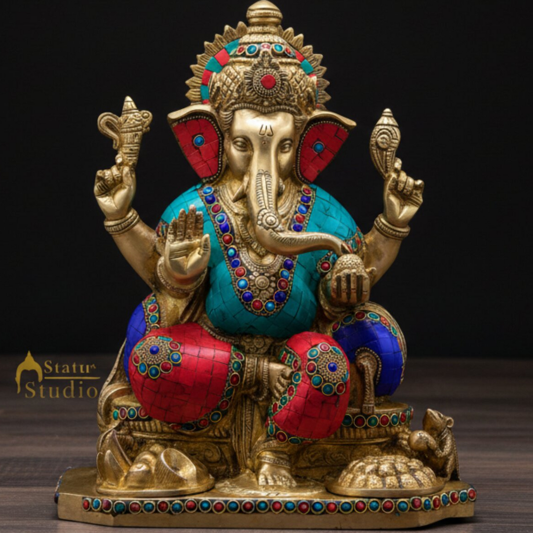 Brass Ganesha Statue With Stone Work For Home Decor Showpiece 12 Inch