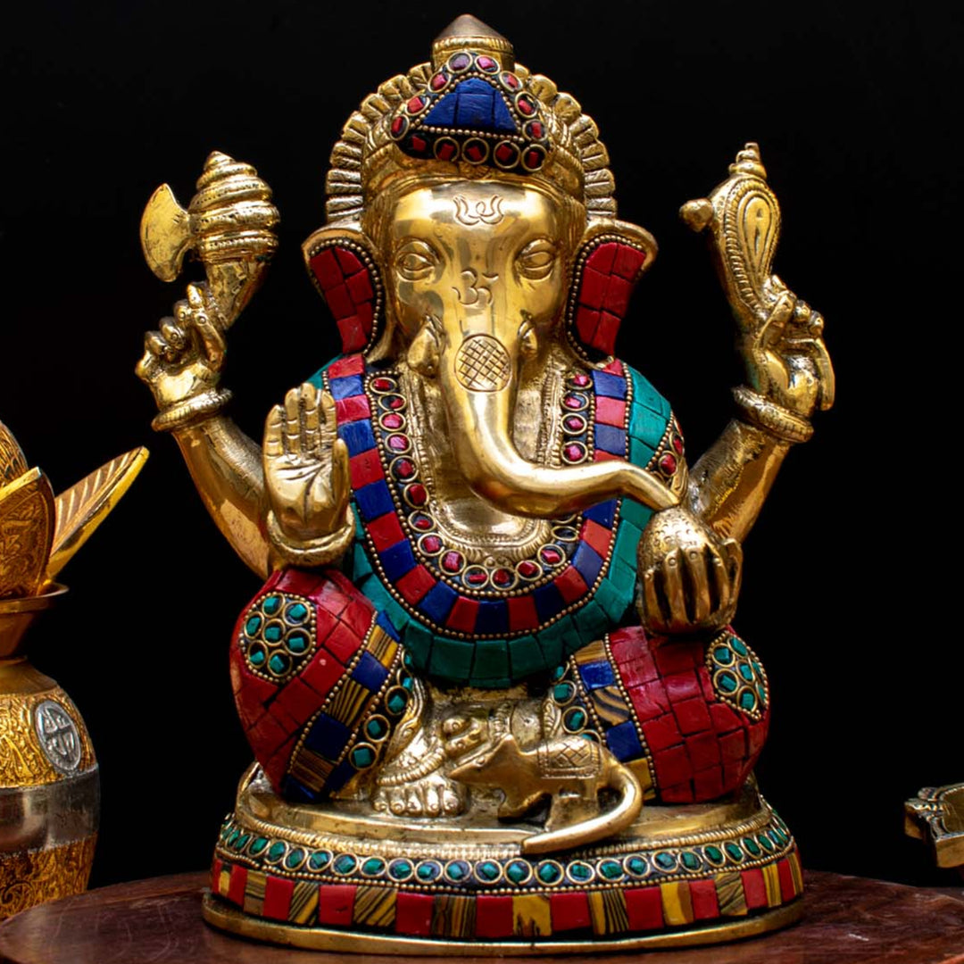 Brass Blessing Ganesha Idol Stone Work For Home Décor Gift 8"