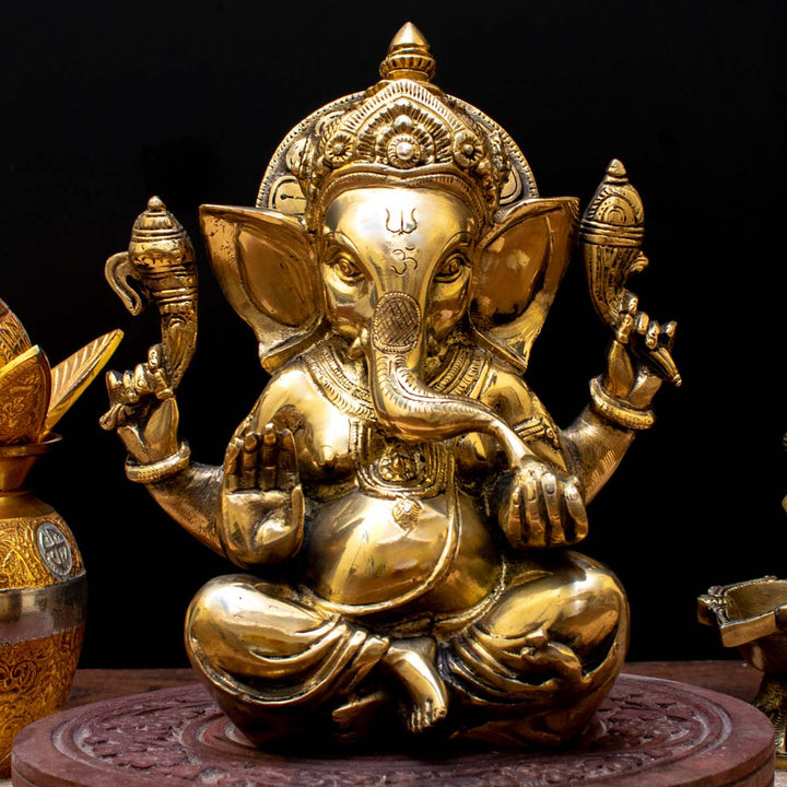 Brass Ganesha Statue Antique Finish for Home Decor Lucky Gift 7 Inch