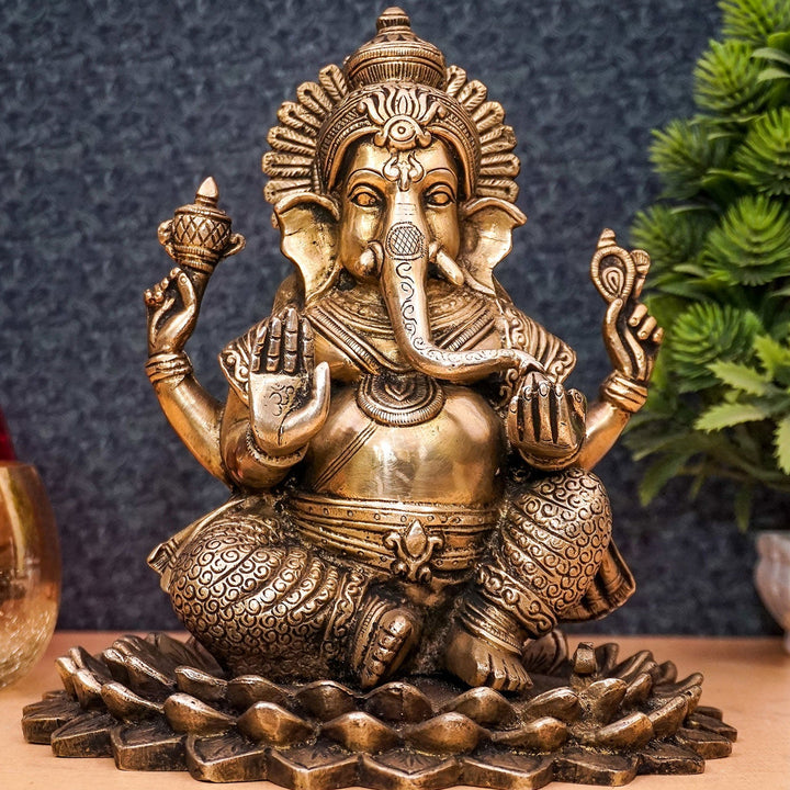 Brass Lord Ganesha Statue On Lotus Antique Finish For Home Decor Gift 7 Inch