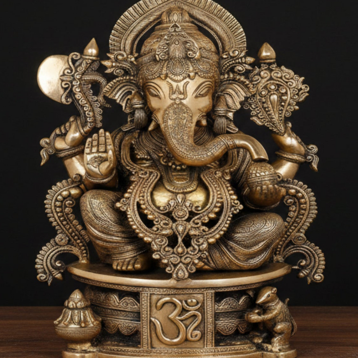 Brass Ganesha Statue Seated On OM Base For Home Decor 2 Feet