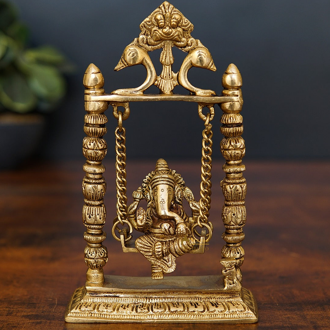 Brass Ganesha Idol On Jhula Swing Home Diwali Décor Statue 9"