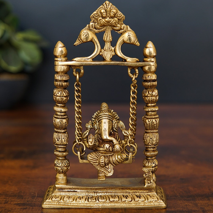 Brass Ganesha Idol On Jhula Swing Home Diwali Décor Statue 9"