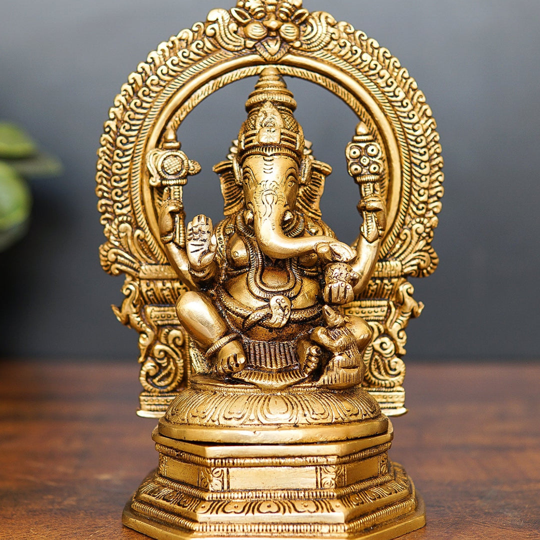 Brass Ganesha Statue With Frame For Home Temple Decor Gift 9 Inch