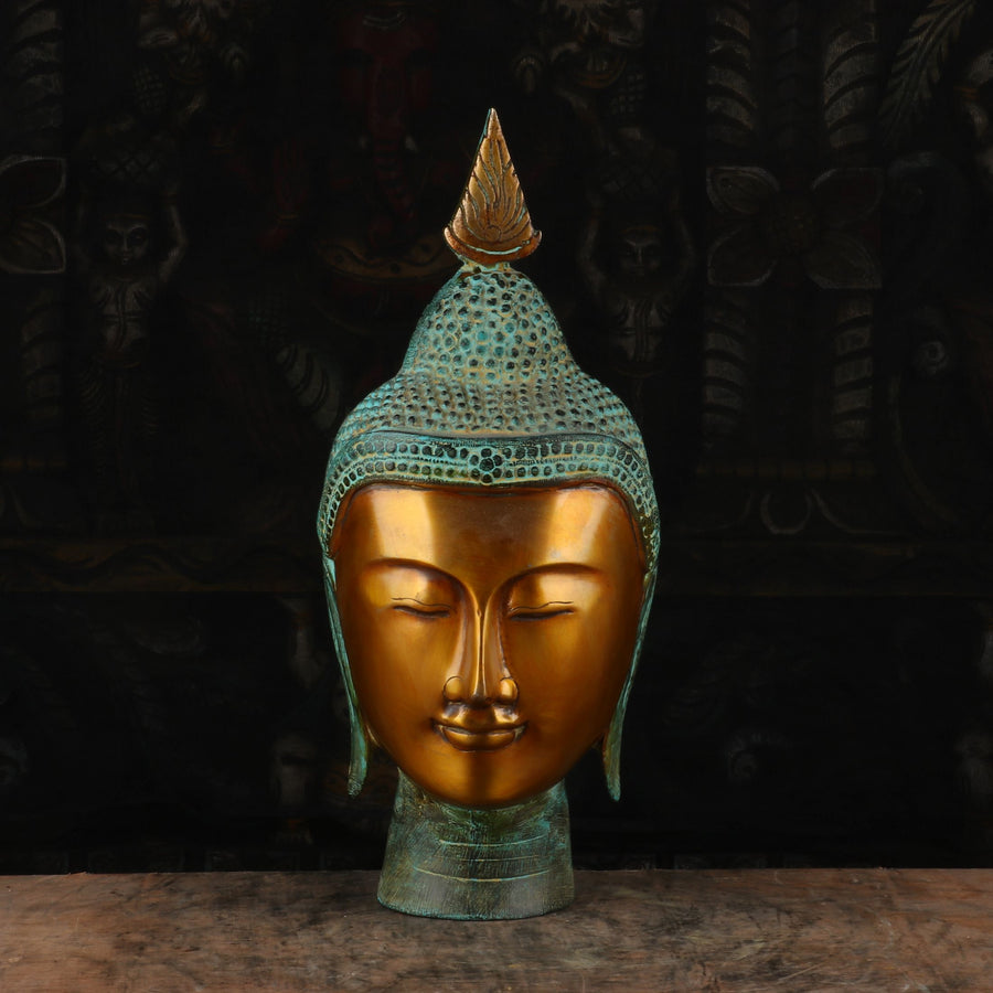 Brass Buddha Head Statue Vintage Green Gold For Home Decor 1 Feet - 462873