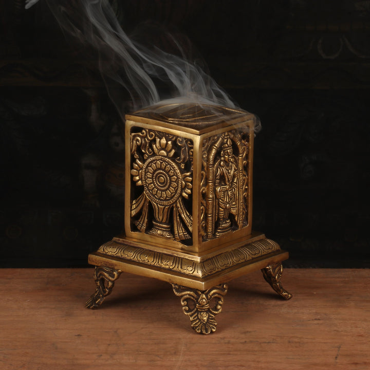 Brass Dhoop Dhani With Shankh Chakra Namah Design T-Light Holder Decor 6 Inch