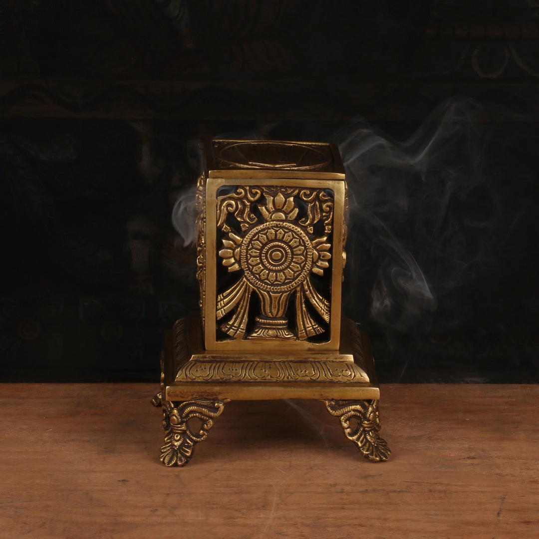 Brass Dhoop Dhani With Shankh Chakra Namah Design T-Light Holder Decor 6 Inch