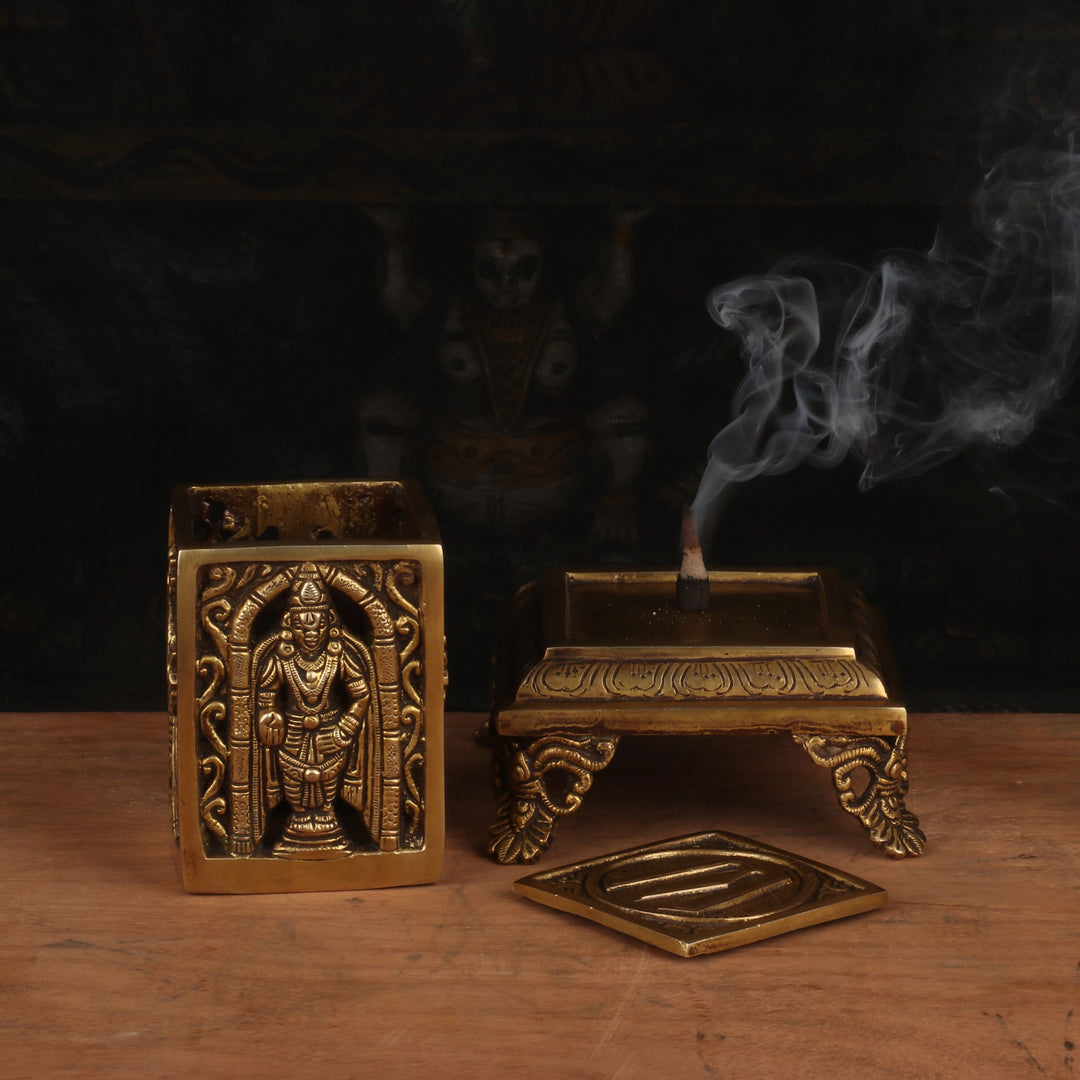 Brass Dhoop Dhani With Shankh Chakra Namah Design T-Light Holder Decor 6 Inch