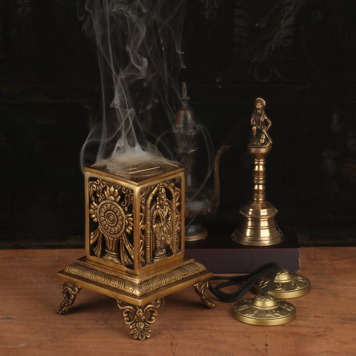Brass Dhoop Dhani With Shankh Chakra Namah Design T-Light Holder Decor 6" - SKU - 462950