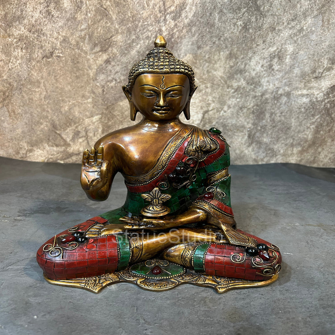 Brass Blessing Buddha Statue Antique Stone Work For Home Decor 11"