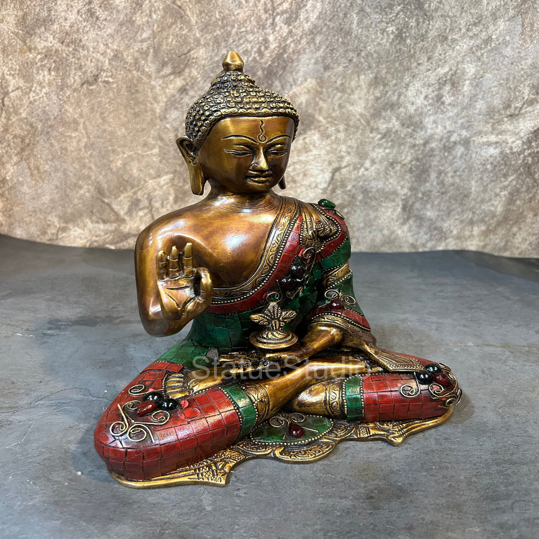 Brass Blessing Buddha Statue Antique Stone Work For Home Decor 11"