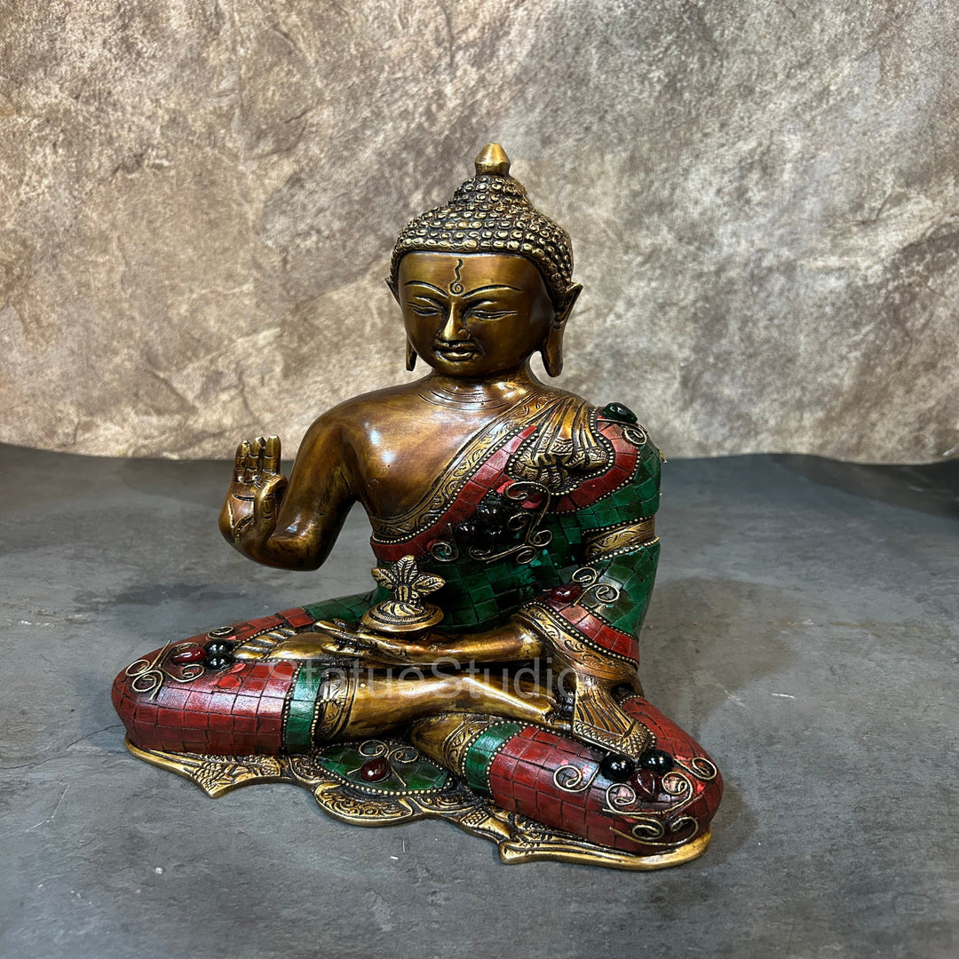 Brass Blessing Buddha Statue Antique Stone Work For Home Decor 11"