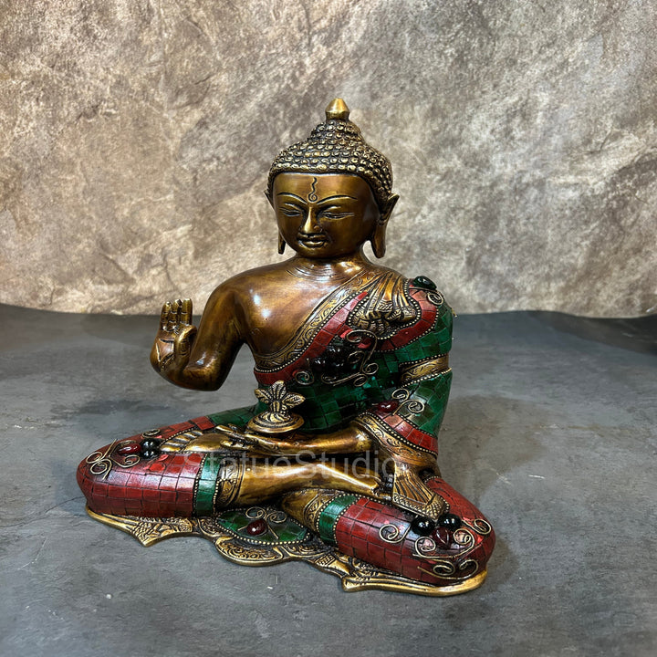 Brass Blessing Buddha Statue Antique Stone Work For Home Decor 11"