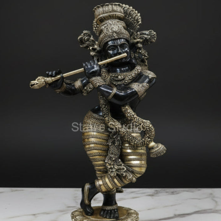 Brass Large Krishna Statue Antique Finish For Home Temple Decor Showpiece 44"