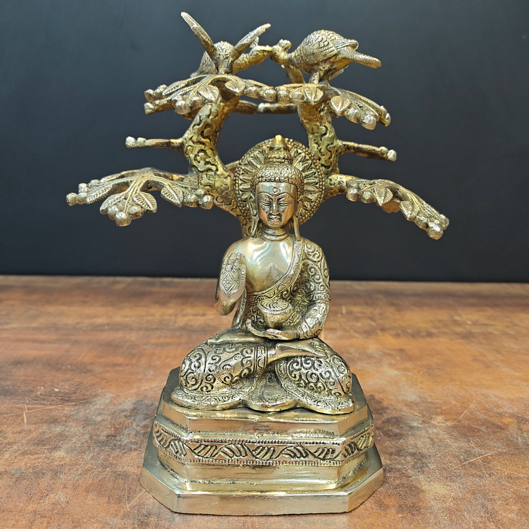 Brass Buddha Idol Under Boddhi Tree 10 Inch