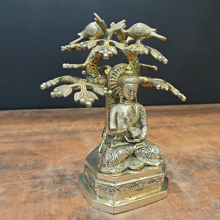 Brass Buddha Idol Under Boddhi Tree 10 Inch