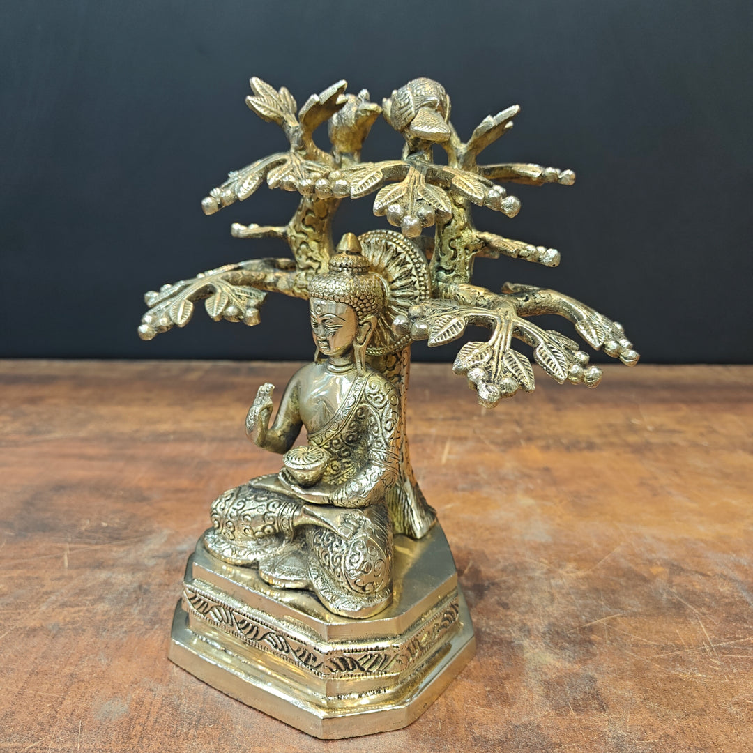 Brass Buddha Idol Under Boddhi Tree 10 Inch