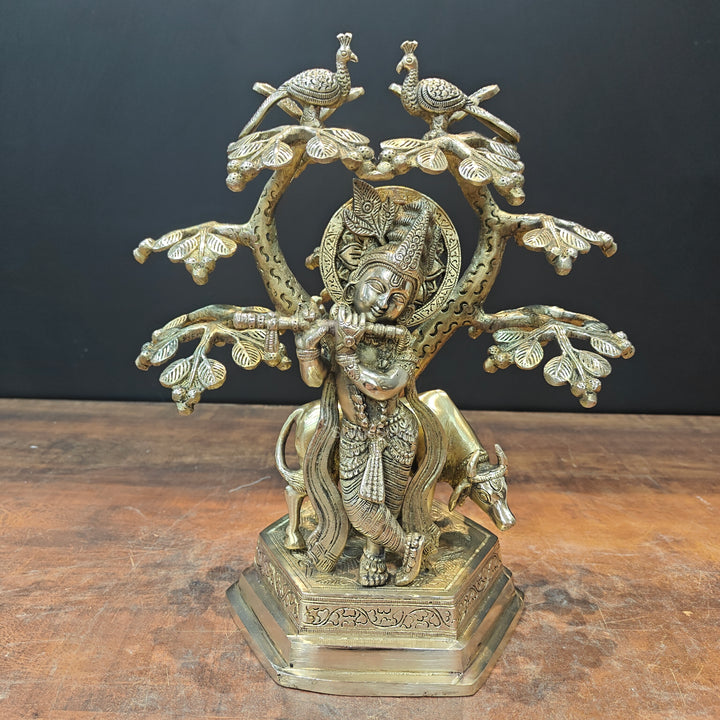 Brass Krishna With Cow Idol Under Kadamba Tree 14 Inch