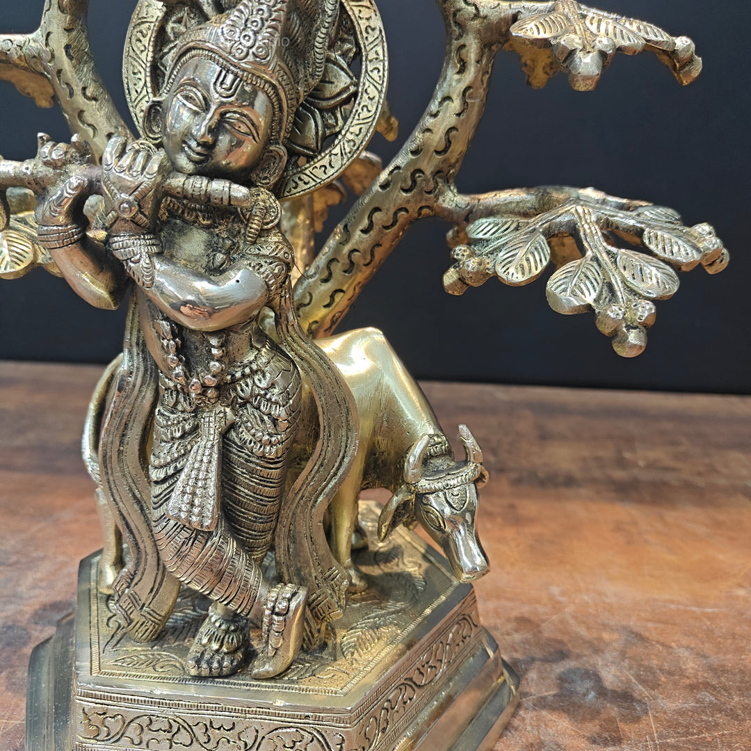 Brass Krishna With Cow Idol Under Kadamba Tree 14 Inch