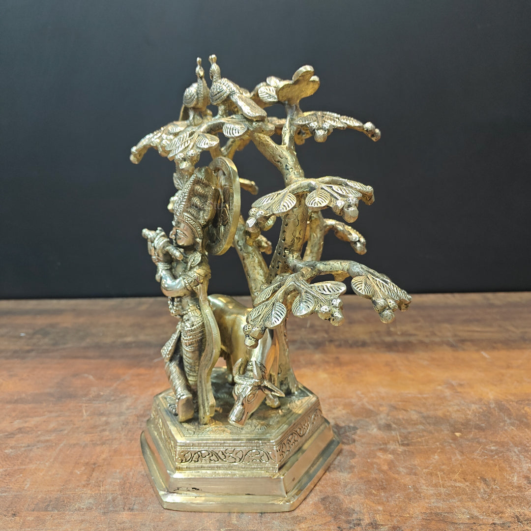 Brass Krishna With Cow Idol Under Kadamba Tree 14 Inch