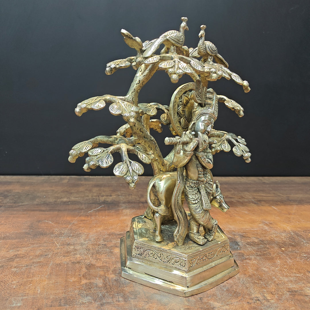 Brass Krishna With Cow Idol Under Kadamba Tree 14 Inch