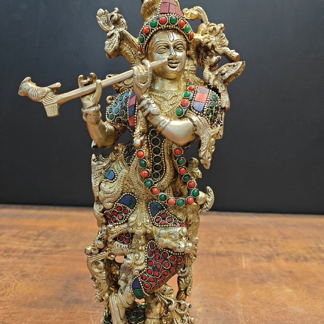 Brass Krishna Statue Stone Work 14 Inch