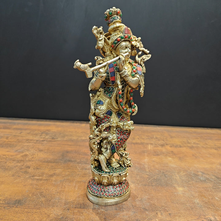 Brass Krishna Statue Stone Work 14 Inch