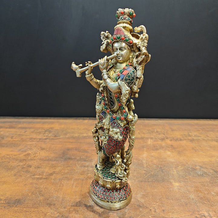 Brass Krishna Statue Stone Work 14 Inch