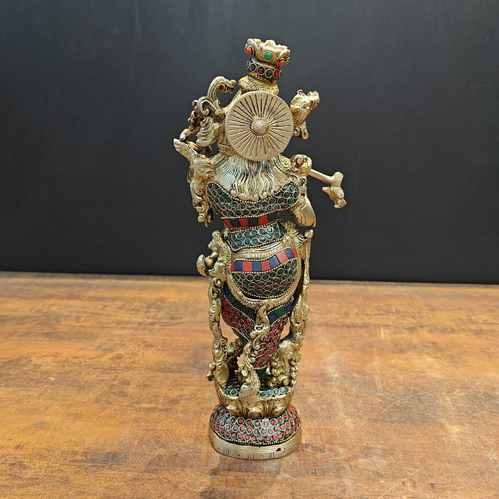 Brass Krishna Statue Stone Work 14 Inch