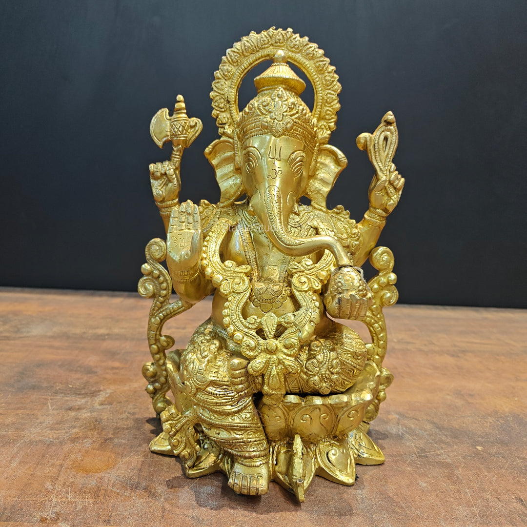 Brass Ganpati Idol Sitting On Lotus Base 12.5 Inch